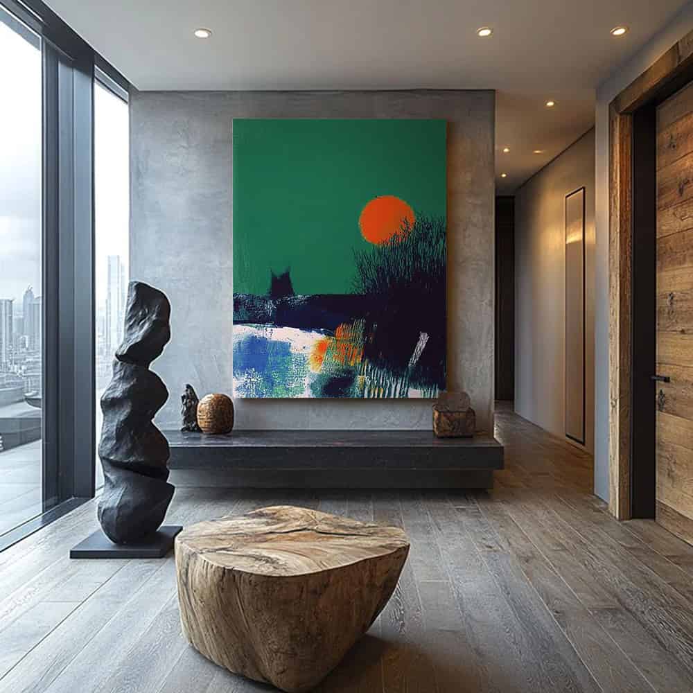 GREEN ABSTRACT ART "SCARLET SUN"